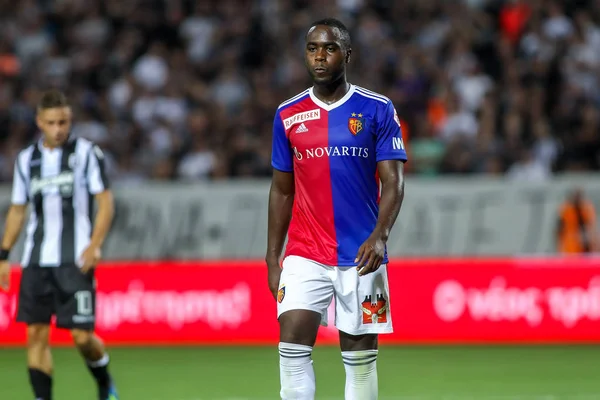 Thessaloniki, Yunanistan - 24 Temmuz 2018: Oyuncu, Basel Eder Balanta eylem Uefa Şampiyonlar Ligi ikinci ön eleme turu sırasında 1 Paok rakip Basel maçı Toumba Stadı'nda oynanan