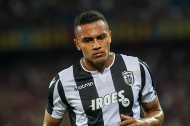 Basel, İsviçre - 1 Ağustos 2018: Oyuncu, Paok Leo Jaba eylem Paok rakip arasındaki Uefa Şampiyonlar Ligi maç sırasında Basel St. Jakob-Park Stadı'nda oynanan