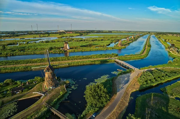 Vista Aérea Dos Moinhos Vento Tradicionais Kinderdijk Países Baixos Este — Fotografia de Stock