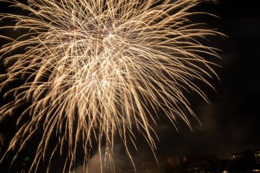 Gece gökyüzünde çeşitli renklerde renkli havai fişekler