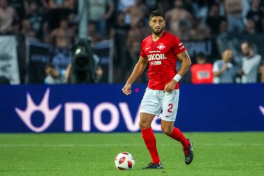 Thessaloniki, Yunanistan - 8 Ağustos 2018: Oyuncu, Spartak Samuel Gigot Uefa Şampiyonlar Ligi üçüncü, Paok rakip Spartak Moskova Toumba Stadyumu'nda arasında ön eleme turu sırasında eylem