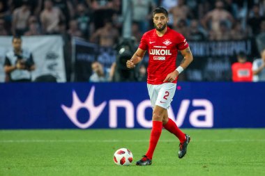 Thessaloniki, Yunanistan - 8 Ağustos 2018: Oyuncu, Spartak Samuel Gigot Uefa Şampiyonlar Ligi üçüncü, Paok rakip Spartak Moskova Toumba Stadyumu'nda arasında ön eleme turu sırasında eylem