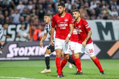 Thessaloniki, Yunanistan - 8 Ağustos 2018: Oyuncu, Spartak Samuel Gigot Uefa Şampiyonlar Ligi üçüncü, Paok rakip Spartak Moskova Toumba Stadyumu'nda arasında ön eleme turu sırasında eylem