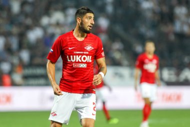 Thessaloniki, Yunanistan - 8 Ağustos 2018: Oyuncu, Spartak Samuel Gigot Uefa Şampiyonlar Ligi üçüncü, Paok rakip Spartak Moskova Toumba Stadyumu'nda arasında ön eleme turu sırasında eylem