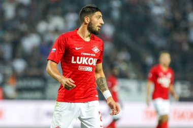 Thessaloniki, Yunanistan - 8 Ağustos 2018: Oyuncu, Spartak Samuel Gigot Uefa Şampiyonlar Ligi üçüncü, Paok rakip Spartak Moskova Toumba Stadyumu'nda arasında ön eleme turu sırasında eylem