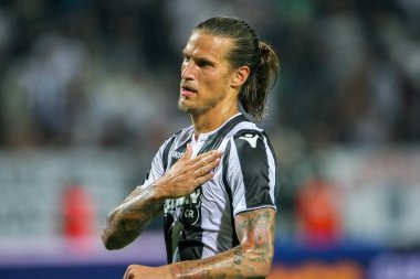Thessaloniki, Yunanistan - 8 Ağustos 2018: Oyuncu, Paok Aleksandar Prijovic Uefa Şampiyonlar Ligi üçüncü, Paok rakip Spartak Moskova Toumba Stadyumu'nda arasında ön eleme turu sırasında eylem