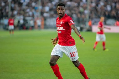 Thessaloniki, Yunanistan - 8 Ağustos 2018: Oyuncu, Spartak Quincy Promes Uefa Şampiyonlar Ligi üçüncü, Paok rakip Spartak Moskova Toumba Stadyumu'nda arasında ön eleme turu sırasında eylem