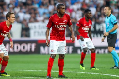 Thessaloniki, Yunanistan - 8 Ağustos 2018: Oyuncu, Spartak Fernando Uefa Şampiyonlar Ligi üçüncü, Paok rakip Spartak Moskova Toumba Stadyumu'nda arasında ön eleme turu sırasında eylem