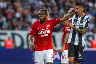 Thessaloniki, Yunanistan - 8 Ağustos 2018: Oyuncu, Spartak Fernando Uefa Şampiyonlar Ligi üçüncü, Paok rakip Spartak Moskova Toumba Stadyumu'nda arasında ön eleme turu sırasında eylem
