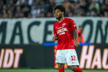 Thessaloniki, Yunanistan - 8 Ağustos 2018: Oyuncu, Spartak Luiz Adriano Uefa Şampiyonlar Ligi üçüncü, Paok rakip Spartak Moskova Toumba Stadyumu'nda arasında ön eleme turu sırasında eylem