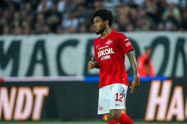 Thessaloniki, Yunanistan - 8 Ağustos 2018: Oyuncu, Spartak Luiz Adriano Uefa Şampiyonlar Ligi üçüncü, Paok rakip Spartak Moskova Toumba Stadyumu'nda arasında ön eleme turu sırasında eylem