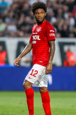 Thessaloniki, Yunanistan - 8 Ağustos 2018: Oyuncu, Spartak Luiz Adriano Uefa Şampiyonlar Ligi üçüncü, Paok rakip Spartak Moskova Toumba Stadyumu'nda arasında ön eleme turu sırasında eylem