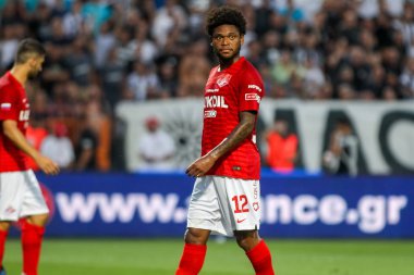 Thessaloniki, Yunanistan - 8 Ağustos 2018: Oyuncu, Spartak Luiz Adriano Uefa Şampiyonlar Ligi üçüncü, Paok rakip Spartak Moskova Toumba Stadyumu'nda arasında ön eleme turu sırasında eylem