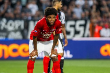 Thessaloniki, Yunanistan - 8 Ağustos 2018: Oyuncu, Spartak Luiz Adriano Uefa Şampiyonlar Ligi üçüncü, Paok rakip Spartak Moskova Toumba Stadyumu'nda arasında ön eleme turu sırasında eylem