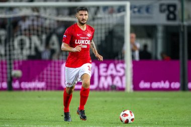 Thessaloniki, Yunanistan - 8 Ağustos 2018: Oyuncu, Spartak Salvatore Bocchetti Uefa Şampiyonlar Ligi üçüncü, Paok rakip Spartak Moskova Toumba Stadyumu'nda arasında ön eleme turu sırasında eylem