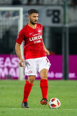 Thessaloniki, Yunanistan - 8 Ağustos 2018: Oyuncu, Spartak Salvatore Bocchetti Uefa Şampiyonlar Ligi üçüncü, Paok rakip Spartak Moskova Toumba Stadyumu'nda arasında ön eleme turu sırasında eylem