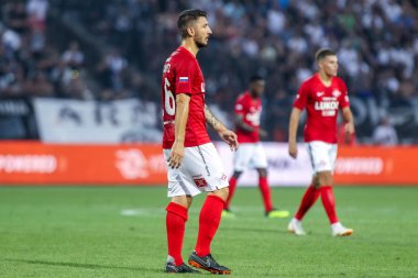 Thessaloniki, Yunanistan - 8 Ağustos 2018: Oyuncu, Spartak Salvatore Bocchetti Uefa Şampiyonlar Ligi üçüncü, Paok rakip Spartak Moskova Toumba Stadyumu'nda arasında ön eleme turu sırasında eylem