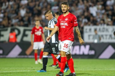 Thessaloniki, Yunanistan - 8 Ağustos 2018: Oyuncu, Spartak Salvatore Bocchetti Uefa Şampiyonlar Ligi üçüncü, Paok rakip Spartak Moskova Toumba Stadyumu'nda arasında ön eleme turu sırasında eylem