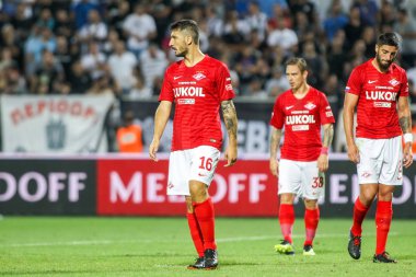 Thessaloniki, Yunanistan - 8 Ağustos 2018: Oyuncu, Spartak Salvatore Bocchetti Uefa Şampiyonlar Ligi üçüncü, Paok rakip Spartak Moskova Toumba Stadyumu'nda arasında ön eleme turu sırasında eylem
