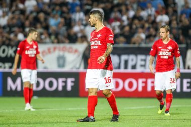 Thessaloniki, Yunanistan - 8 Ağustos 2018: Oyuncu, Spartak Salvatore Bocchetti Uefa Şampiyonlar Ligi üçüncü, Paok rakip Spartak Moskova Toumba Stadyumu'nda arasında ön eleme turu sırasında eylem