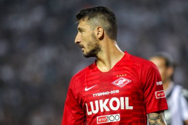 Thessaloniki, Yunanistan - 8 Ağustos 2018: Oyuncu, Spartak Salvatore Bocchetti Uefa Şampiyonlar Ligi üçüncü, Paok rakip Spartak Moskova Toumba Stadyumu'nda arasında ön eleme turu sırasında eylem