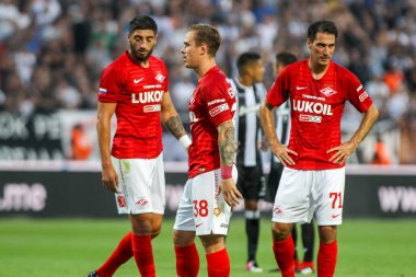 Thessaloniki, Yunanistan - 8 Ağustos 2018: Oyuncu, Spartak Andrei Eschenko(C) Uefa Şampiyonlar Ligi üçüncü, Paok rakip Spartak Moskova Toumba Stadyumu'nda arasında ön eleme turu sırasında eylem