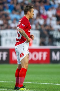 Thessaloniki, Yunanistan - 8 Ağustos 2018: Oyuncu, Spartak Andrei Eschenko Uefa Şampiyonlar Ligi üçüncü, Paok rakip Spartak Moskova Toumba Stadyumu'nda arasında ön eleme turu sırasında eylem