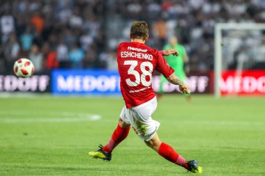 Thessaloniki, Yunanistan - 8 Ağustos 2018: Oyuncu, Spartak Andrei Eschenko Uefa Şampiyonlar Ligi üçüncü, Paok rakip Spartak Moskova Toumba Stadyumu'nda arasında ön eleme turu sırasında eylem