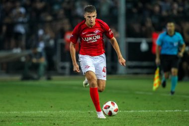 Thessaloniki, Yunanistan - 8 Ağustos 2018: Oyuncu, Spartak Roma Zobnin Uefa Şampiyonlar Ligi üçüncü, Paok rakip Spartak Moskova Toumba Stadyumu'nda arasında ön eleme turu sırasında eylem