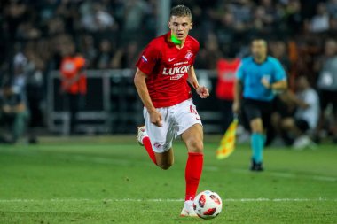 Thessaloniki, Yunanistan - 8 Ağustos 2018: Oyuncu, Spartak Roma Zobnin Uefa Şampiyonlar Ligi üçüncü, Paok rakip Spartak Moskova Toumba Stadyumu'nda arasında ön eleme turu sırasında eylem