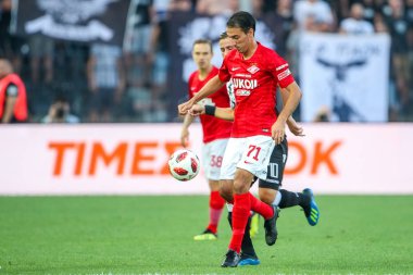 Thessaloniki, Yunanistan - 8 Ağustos 2018: Oyuncu, Spartak Ivelin Popov Uefa Şampiyonlar Ligi üçüncü, Paok rakip Spartak Moskova Toumba Stadyumu'nda arasında ön eleme turu sırasında eylem