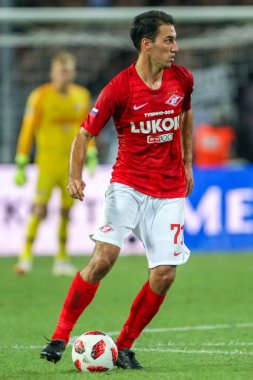 Thessaloniki, Yunanistan - 8 Ağustos 2018: Oyuncu, Spartak Ivelin Popov Uefa Şampiyonlar Ligi üçüncü, Paok rakip Spartak Moskova Toumba Stadyumu'nda arasında ön eleme turu sırasında eylem