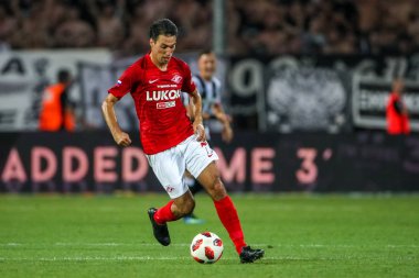 Thessaloniki, Yunanistan - 8 Ağustos 2018: Oyuncu, Spartak Ivelin Popov Uefa Şampiyonlar Ligi üçüncü, Paok rakip Spartak Moskova Toumba Stadyumu'nda arasında ön eleme turu sırasında eylem