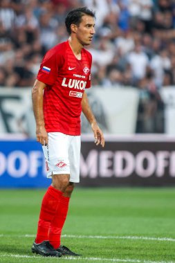 Thessaloniki, Yunanistan - 8 Ağustos 2018: Oyuncu, Spartak Ivelin Popov Uefa Şampiyonlar Ligi üçüncü, Paok rakip Spartak Moskova Toumba Stadyumu'nda arasında ön eleme turu sırasında eylem