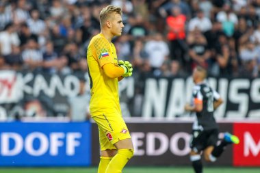 Thessaloniki, Yunanistan - 8 Ağustos 2018: Oyuncu, Spartak Aleksandr Maksimenko (Gk) Uefa Şampiyonlar Ligi üçüncü, Paok rakip Spartak Moskova Toumba Stadyumu'nda arasında ön eleme turu sırasında eylem