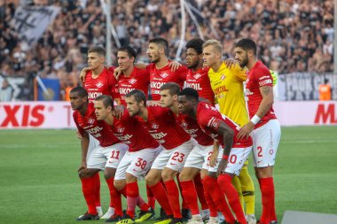 Thessaloniki, Yunanistan - 8 Ağustos 2018: Takım fotoğraf, Spartak önce Uefa Şampiyonlar Ligi üçüncü, Paok rakip Spartak Moskova Toumba Stadyumu'nda arasında ön eleme turu