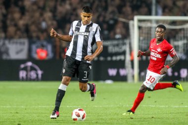 Thessaloniki, Yunanistan - 8 Ağustos 2018: Oyuncu, Paok Leo Matos Uefa Şampiyonlar Ligi üçüncü, Paok rakip Spartak Moskova Toumba Stadyumu'nda arasında ön eleme turu sırasında eylem