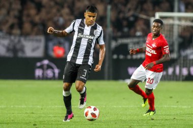 Thessaloniki, Yunanistan - 8 Ağustos 2018: Oyuncu, Paok Leo Matos Uefa Şampiyonlar Ligi üçüncü, Paok rakip Spartak Moskova Toumba Stadyumu'nda arasında ön eleme turu sırasında eylem
