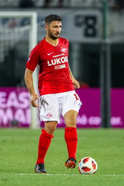 Thessaloniki, Yunanistan - 8 Ağustos 2018: Oyuncu, Spartak Salvatore Bocchetti Uefa Şampiyonlar Ligi üçüncü, Paok rakip Spartak Moskova Toumba Stadyumu'nda arasında ön eleme turu sırasında eylem