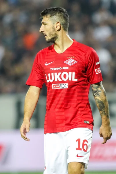 Thessaloniki, Yunanistan - 8 Ağustos 2018: Oyuncu, Spartak Salvatore Bocchetti Uefa Şampiyonlar Ligi üçüncü, Paok rakip Spartak Moskova Toumba Stadyumu'nda arasında ön eleme turu sırasında eylem