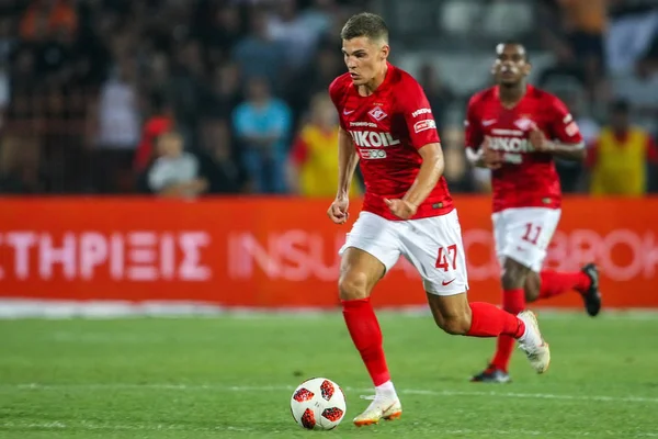 Thessaloniki, Yunanistan - 8 Ağustos 2018: Oyuncu, Spartak Roma Zobnin Uefa Şampiyonlar Ligi üçüncü, Paok rakip Spartak Moskova Toumba Stadyumu'nda arasında ön eleme turu sırasında eylem