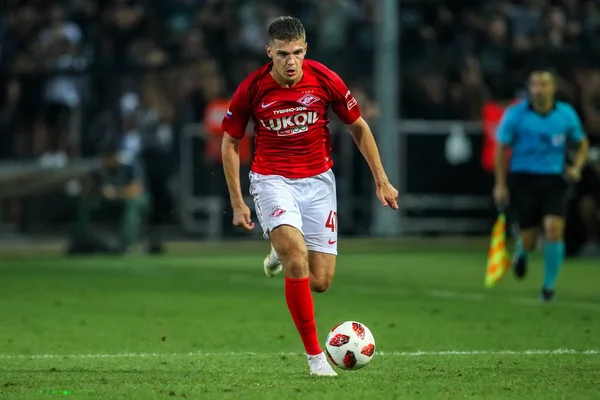 Thessaloniki, Yunanistan - 8 Ağustos 2018: Oyuncu, Spartak Roma Zobnin Uefa Şampiyonlar Ligi üçüncü, Paok rakip Spartak Moskova Toumba Stadyumu'nda arasında ön eleme turu sırasında eylem