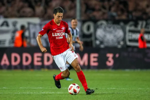 Thessaloniki, Yunanistan - 8 Ağustos 2018: Oyuncu, Spartak Ivelin Popov Uefa Şampiyonlar Ligi üçüncü, Paok rakip Spartak Moskova Toumba Stadyumu'nda arasında ön eleme turu sırasında eylem