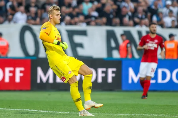 Thessaloniki, Yunanistan - 8 Ağustos 2018: Oyuncu, Spartak Aleksandr Maksimenko (Gk) Uefa Şampiyonlar Ligi üçüncü, Paok rakip Spartak Moskova Toumba Stadyumu'nda arasında ön eleme turu sırasında eylem