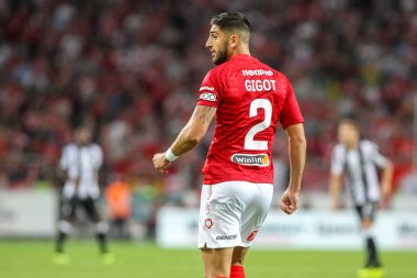 Moskova, Rusya - 14 Ağustos 2018: Oyuncu, Spartak Samuel Gigot Uefa Şampiyonlar Ligi üçüncü, Fc Spartak Moskova Rakip Paok Otkritie Arena arasında ön eleme turu sırasında eylem