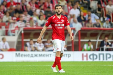 Moskova, Rusya - 14 Ağustos 2018: Oyuncu, Spartak Georgi Dzhikiya Uefa Şampiyonlar Ligi üçüncü, Fc Spartak Moskova Rakip Paok Otkritie Arena arasında ön eleme turu sırasında eylem