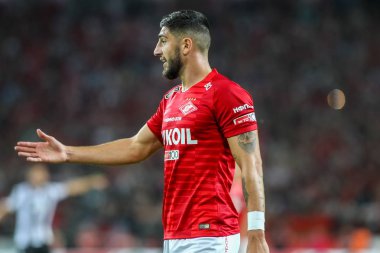 Moskova, Rusya - 14 Ağustos 2018: Oyuncu, Spartak Samuel Gigot Uefa Şampiyonlar Ligi üçüncü, Fc Spartak Moskova Rakip Paok Otkritie Arena arasında ön eleme turu sırasında eylem