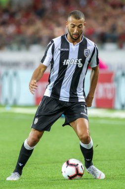 Moskova, Rusya - 14 Ağustos 2018: Oyuncu, Paok Omar El Kaddouri Uefa Şampiyonlar Ligi üçüncü, Fc Spartak Moskova Rakip Paok Otkritie Arena arasında ön eleme turu sırasında eylem