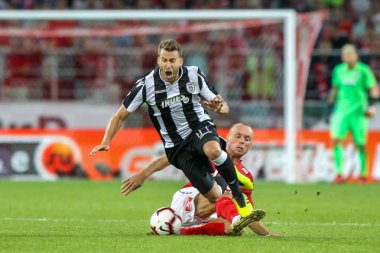 Moskova, Rusya - 14 Ağustos 2018: Oyuncu, Paok Jose Canas Uefa Şampiyonlar Ligi üçüncü, Fc Spartak Moskova Rakip Paok Otkritie Arena arasında ön eleme turu sırasında eylem