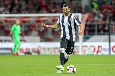 Moskova, Rusya - 14 Ağustos 2018: Oyuncu, Paok Jose Angel Crespo Uefa Şampiyonlar Ligi üçüncü, Fc Spartak Moskova Rakip Paok Otkritie Arena arasında ön eleme turu sırasında eylem